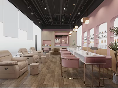 Stylish Beauty Hair Salon Interior with Pink Stools White Counter Beige Recliners and Wooden Flooring 3d model