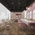 Stylish Beauty Hair Salon Interior with Pink Stools White Counter Beige Recliners and Wooden Flooring