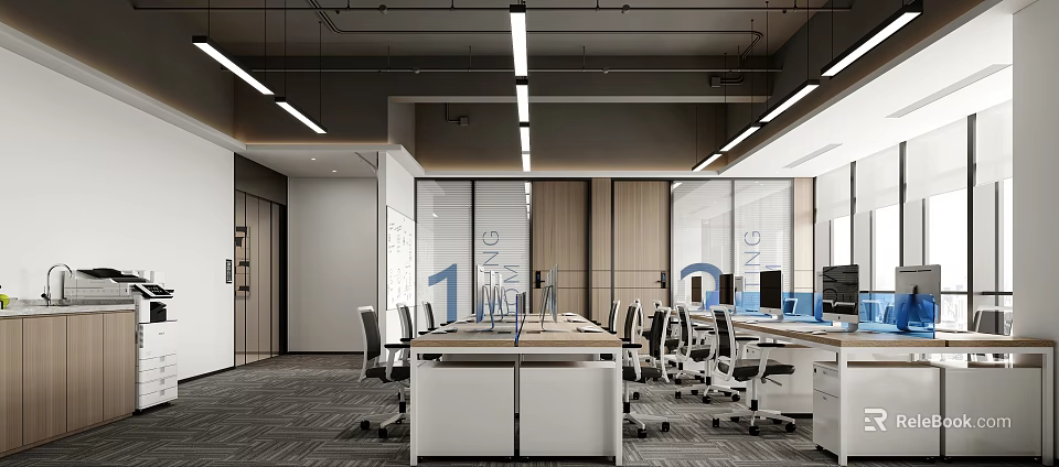 Modern Public Office Space With Open Layout Glass Partitions Workstations Computers And Ergonomic Chairs 3d model 