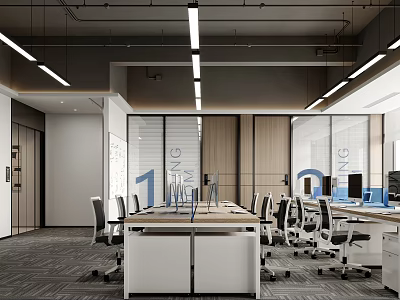 Modern Public Office Space With Open Layout Glass Partitions Workstations Computers And Ergonomic Chairs 3d model