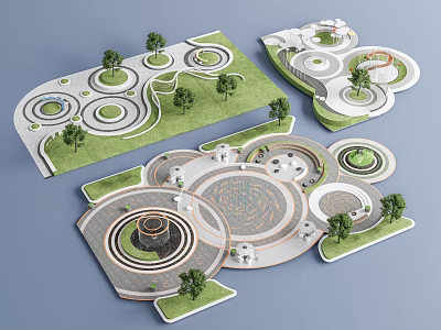Park Landscape Model with Circular Layout Lawn Areas Trees Pathways and Central Features 3d model