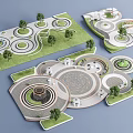 Park Landscape Model with Circular Layout Lawn Areas Trees Pathways and Central Features