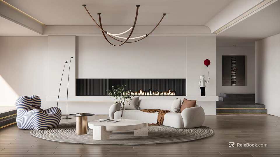 Modern Living Room Interior With Fireplace Sofa Coffee Table Rug And Chandelier 3d model 