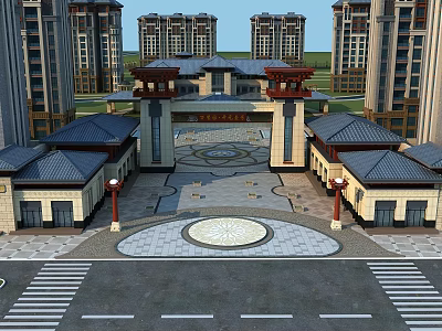Chinese Style Entrance Gate With High Rise Buildings And Circular Paved Square 3d model