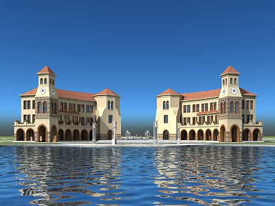 Classical Commercial Complex With Red Roofs Towers Beige Facade And Waterfront Reflection On Blue Sky 3d model
