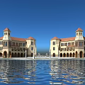 Classical Commercial Complex With Red Roofs Towers Beige Facade And Waterfront Reflection On Blue Sky