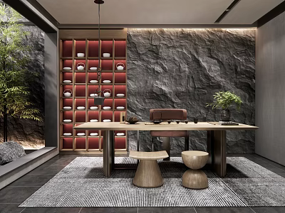 Traditional Tea Room Interior With Rock Wall Wooden Table Stools Green Plant And Bamboo View 3d model