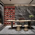 Traditional Tea Room Interior With Rock Wall Wooden Table Stools Green Plant And Bamboo View