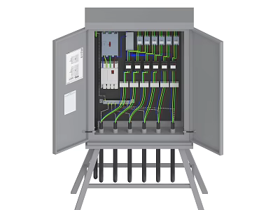 Industrial Control Cabinet Open Door with Circuit Breakers Green Cables Wiring Terminals and Supporting Frame 3d model