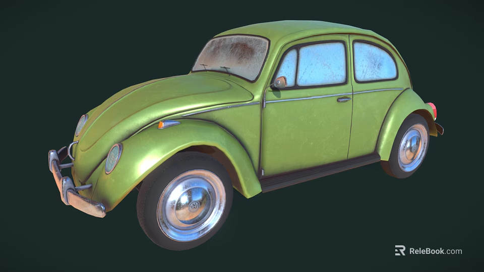 Vintage Green Beetle Car With Rounded Body Design And Shiny Silver Wheels 3d model 