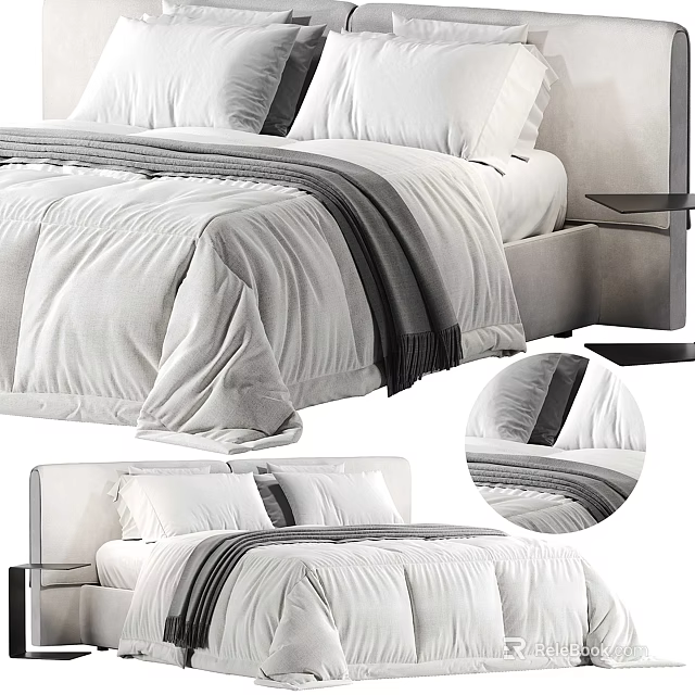 Minimalist Double Bed With White Bedding Gray Striped Blanket And Upholstered Headboard 3d model 