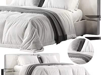 Minimalist Double Bed With White Bedding Gray Striped Blanket And Upholstered Headboard 3d model