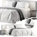 Minimalist Double Bed With White Bedding Gray Striped Blanket And Upholstered Headboard