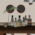 Whiskey Bottles and Wine Glasses on Wooden Table with Decorative Circular Lights and Palm Plant