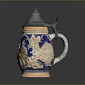 Traditional Decorative Ceramic Beer Stein With Blue Beige Patterns And Lid Design