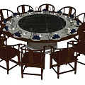 Round Marble Top Dining Table Set With Wooden Upholstered Chairs And Tableware 3d model