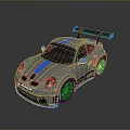 Gray Sports Car With Blue Stripes Rear Wing And Sporty Design