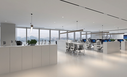 work area public office area public office area work area office desk office chair chandelier computer printer glass partition 3d model