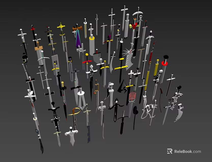 Diverse Weapons Collection Featuring Swords Daggers Cross Shaped Arms With Colorful Decorations And Metallic Finishes 3d model 