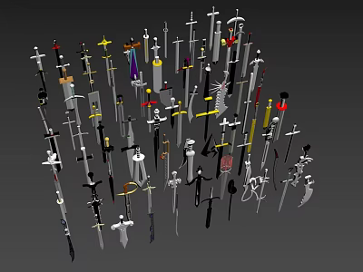 Diverse Weapons Collection Featuring Swords Daggers Cross Shaped Arms With Colorful Decorations And Metallic Finishes 3d model