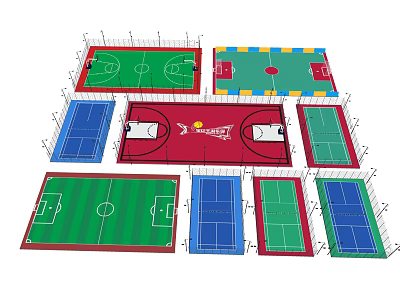 Outdoor Football Field Design With Colorful Surface And Multi Sports Court Layout 3d model