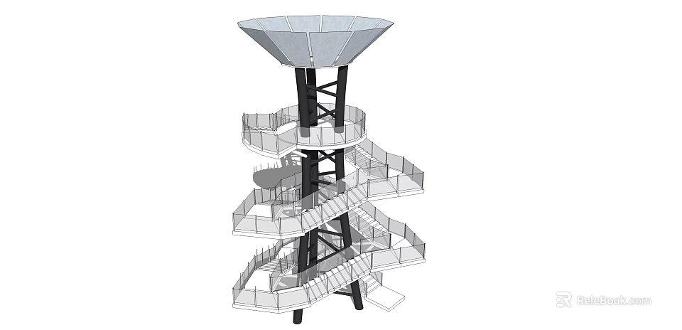 Spiral Tower With Spiral Staircase Multiple Platforms And Metal Frame Canopy Top Design 3d model