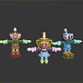 Cartoon Game Movie Characters Three Figures With White Hats Black Bodies And Colorful Outfits
