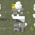 Outdoor Facility Layout With Small Buildings Yellow Structure Trees And Barriers 3d model