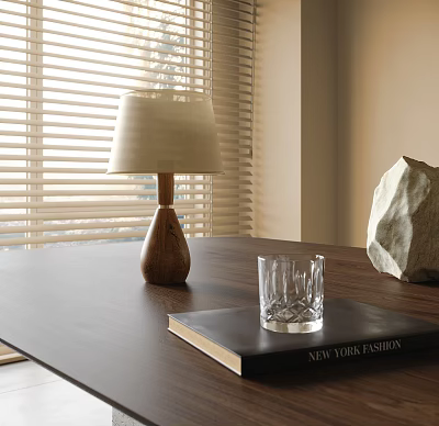 Table Lamp With Wooden Base Beige Shade On Dark Desk Glass Tumbler Near Window Blinds 3d model