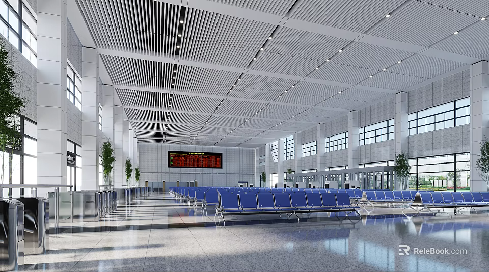 Modern Station Spacious Hall With Blue Seats White Ceiling Large Windows And Information 3d model 