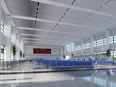 Modern Station Spacious Hall With Blue Seats White Ceiling Large Windows And Information 3d model