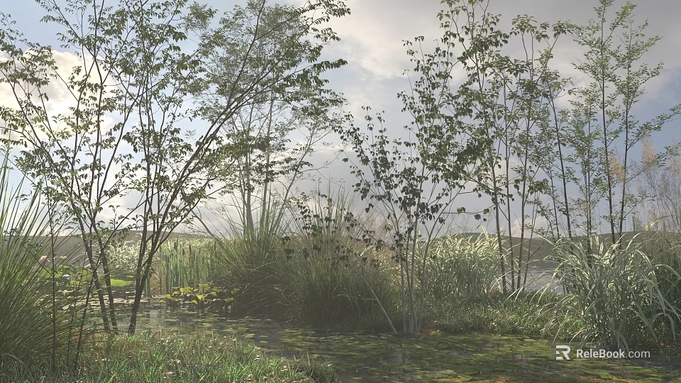 Lush Flowers and Plants in Natural Green Meadow With Trees and Sunlight 3d model 