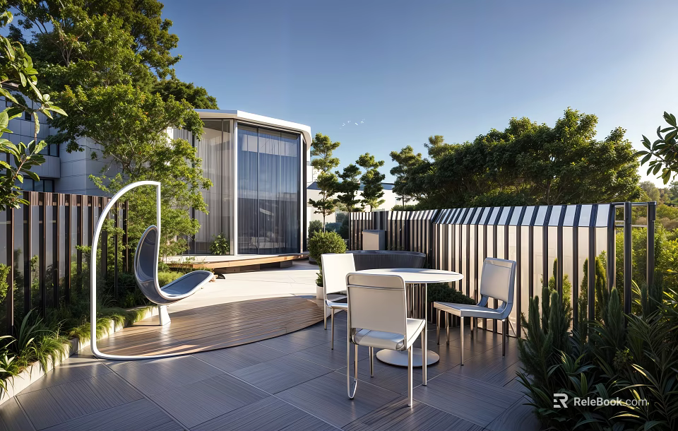Modern Garden Landscape With Terrace Outdoor Seating Greenery And Swing Chair 3d model 