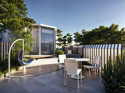 Modern Garden Landscape With Terrace Outdoor Seating Greenery And Swing Chair 3d model