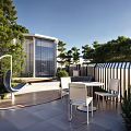 Modern Garden Landscape With Terrace Outdoor Seating Greenery And Swing Chair