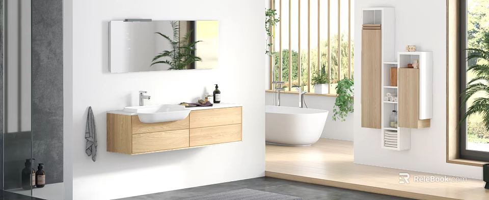 Modern Wall-Mounted Wooden Bathroom Vanity With Mirror Plant And Bathtub 3d model 