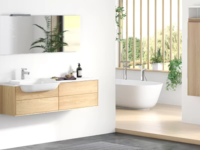 Modern Wall-Mounted Wooden Bathroom Vanity With Mirror Plant And Bathtub 3d model
