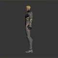 Sci Fi Character Design With Blonde Hair Red Yellow Accents Mechanical Arm And Black Bodysuit