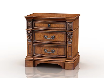 Traditional Wooden Bedside Table With Three Drawers And Ornate Carvings 3d model