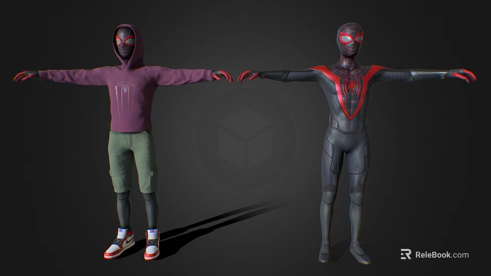 Game Movie Characters 3D Models Purple Hoodie Green Shorts Black and Red Suit Arms Outstretched 3d model 