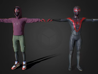 Game Movie Characters 3D Models Purple Hoodie Green Shorts Black and Red Suit Arms Outstretched 3d model