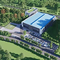 Modern Industrial Factory Aerial View With Blue Roof Green Roof Building and Surrounding Trees