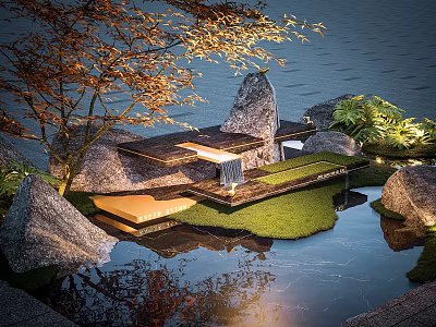 Karesansui Japanese Rock Garden Design With Rocks Water Surface Green Plants And Wooden Platform 3d model