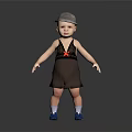 Child Wearing Gray Hat Brown Dress With Lace Red Detail Blue Shoes And White Socks