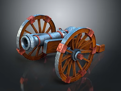 Vintage Cannon Weapon With Wooden Wheels Metal Barrel And Red Accents 3d model