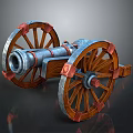 Vintage Cannon Weapon With Wooden Wheels Metal Barrel And Red Accents