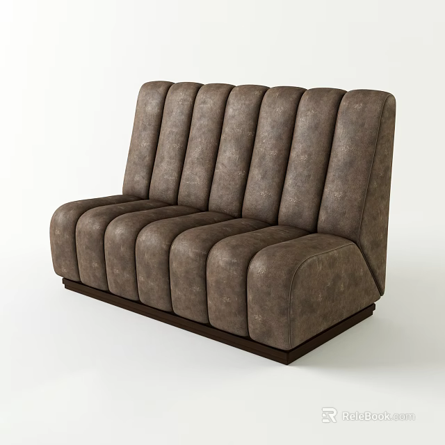 Brown Leather Two Seater Sofa With Vertical Tufted Back And Dark Wooden Base 3d model