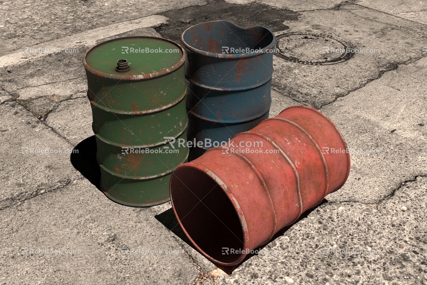 Oil drum combination broken oil drum red blue green oil drum 3d model