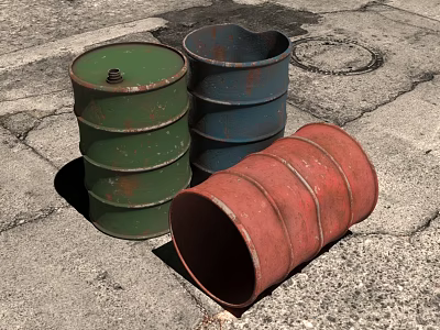 Rusty Industrial Equipment Drums Green Blue Red Barrels on Concrete Ground 3d model Rusty Industrial Equipment Drums Green Blue Red Barrels on Concrete Ground 3d model