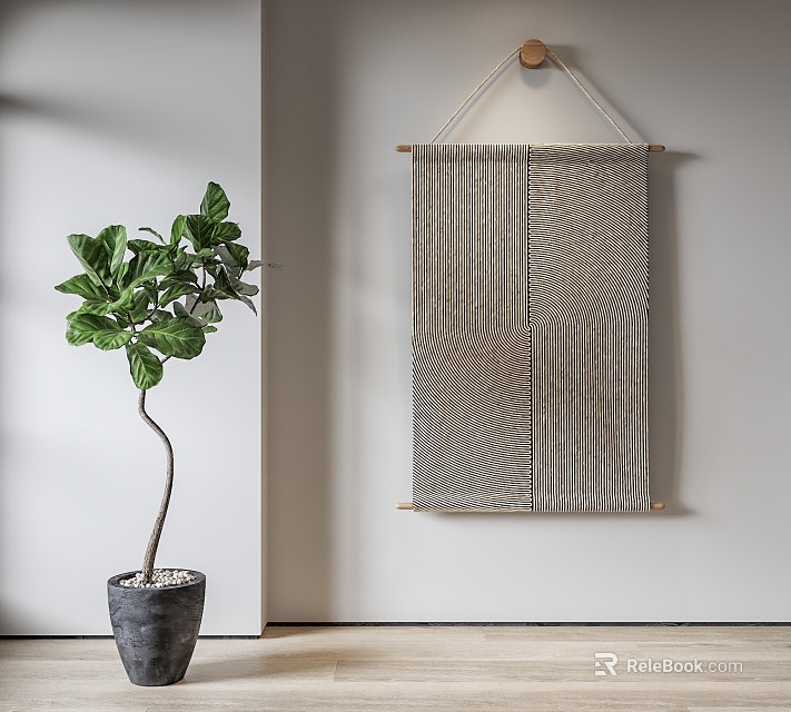 Woven Wall Tapestry With Textured Design Hanging On Light Colored Wall And Green Plant 3d model 